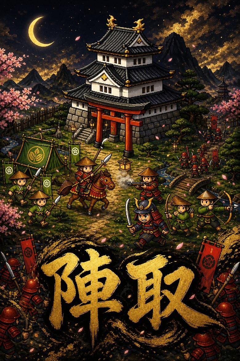 陣取の戦場。城を守る足軽、騎馬、弓、鉄砲。